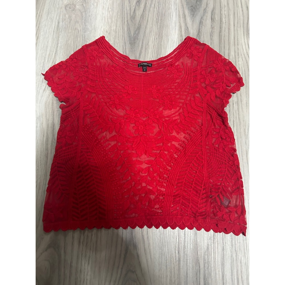Express Womens Floral Lace Mesh Short Sleeve Top Nylon Size S Small Red y2k 00s